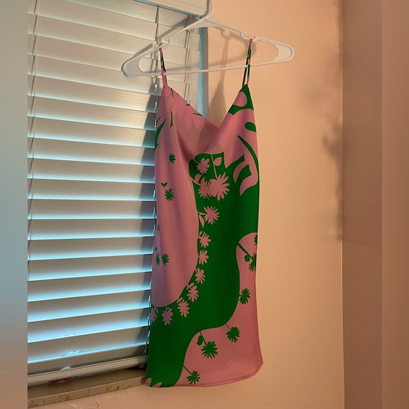 Zara Pink and Green Matisse Print Satin Short Slip Dress - Picture 1 of 2